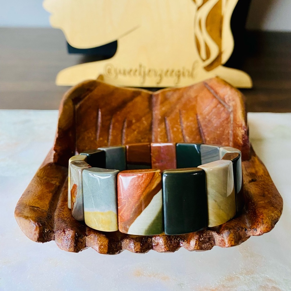 Natural Ocean Jasper Atlantis Stone Large Tile Cuff Statement Bracelet